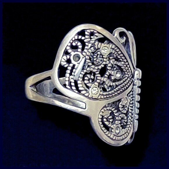Sterling Silver 925 Filigree Butterfly Ring with CZ Accents Size 7 NV Maker Mark - Picture 3 of 9